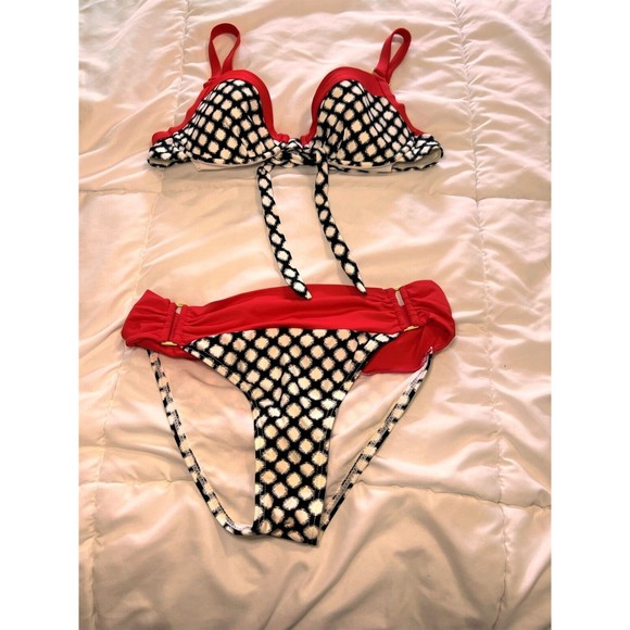 Swim Systems Bikini Set Black Red White Adjustable Strap Tie Back Size S-M - Picture 4 of 11